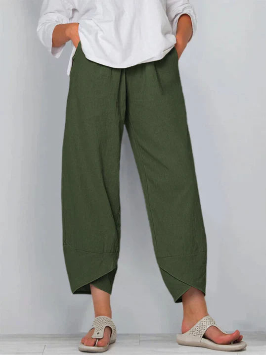 Stylish women's wide leg pants with a chic tulip hem, ideal for summer fashion statements.