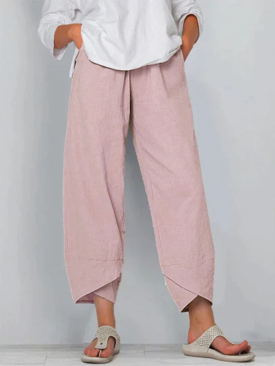 Women's stylish high-waist wide leg summer pants with a unique tulip hem for casual wear.