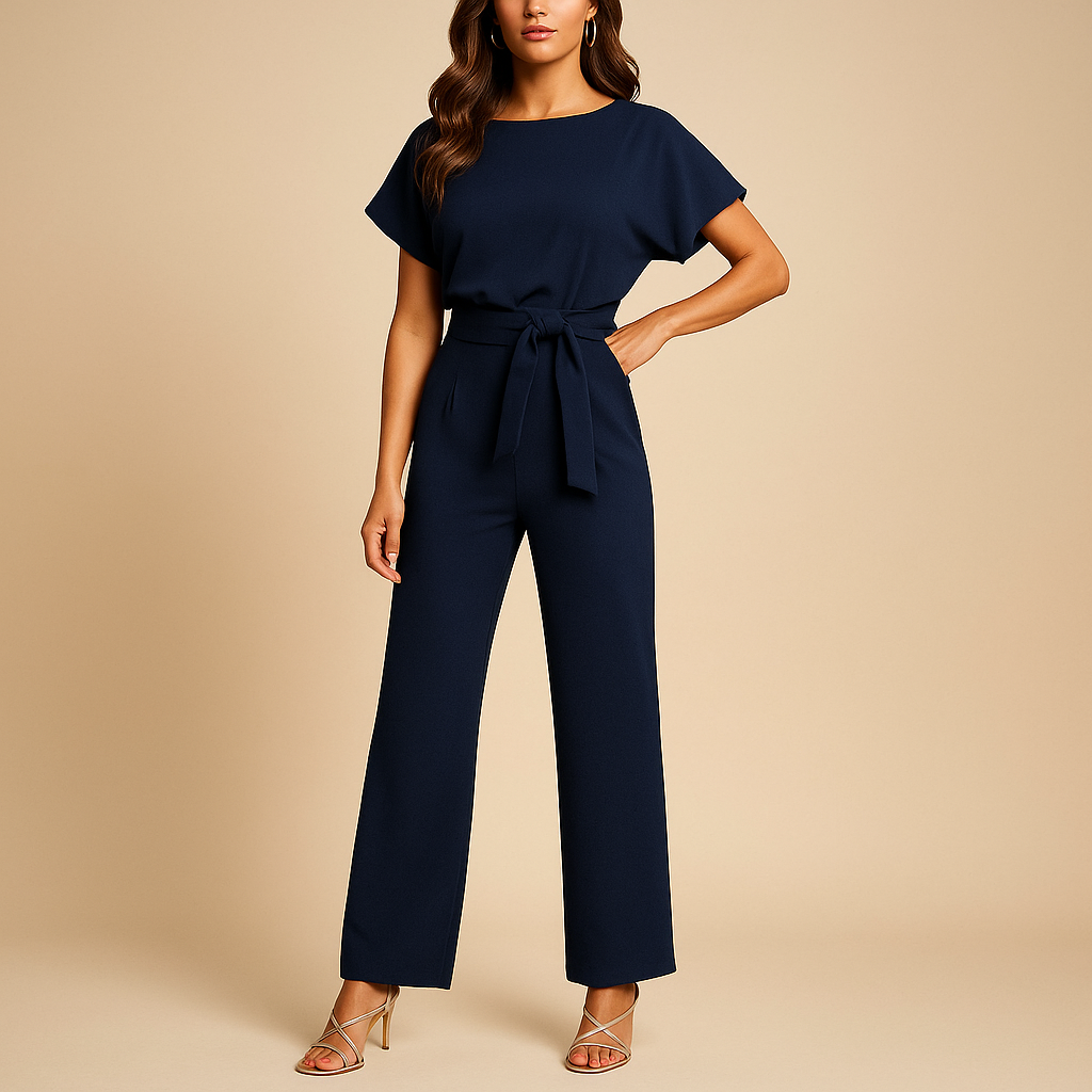 Stylish women's high-waisted jumpsuit, flattering design with lace-up front, perfect for casual or evening wear.
