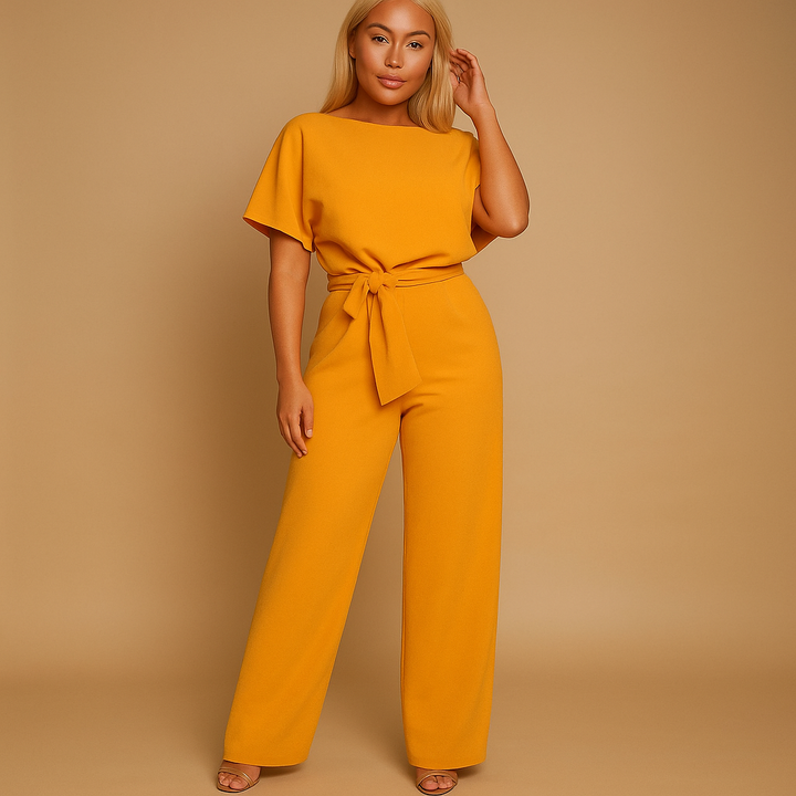 Chic women's high-waisted jumpsuit featuring modern lace-up detail, elegant and comfortable for any occasion.