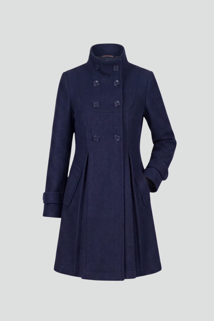 Women's hooded A-line coat with double button front. Perfect knee-length winter & fall outerwear.