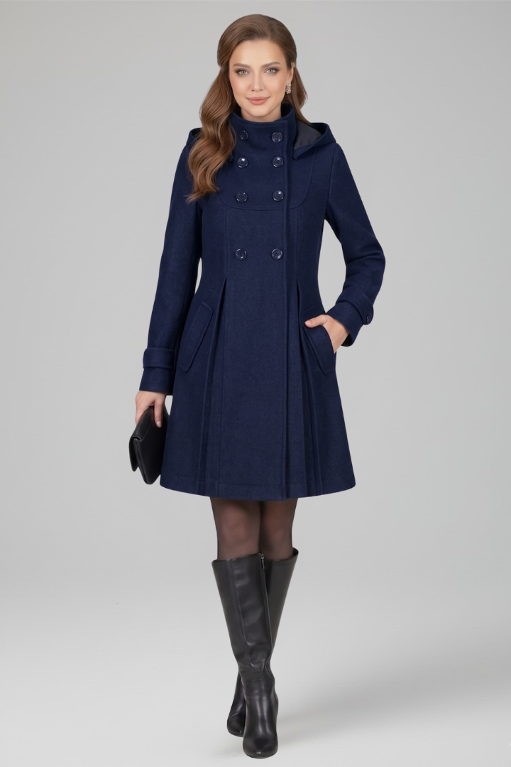 Chic women's A-line coat, hooded, with elegant double button front closure. Stylish fall & winter outerwear.