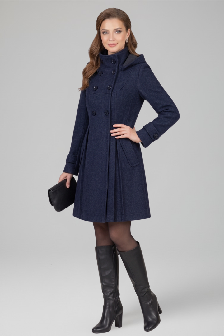 Structured women's hooded A-line coat with double button details. Elegant & comfortable for winter fashion.
