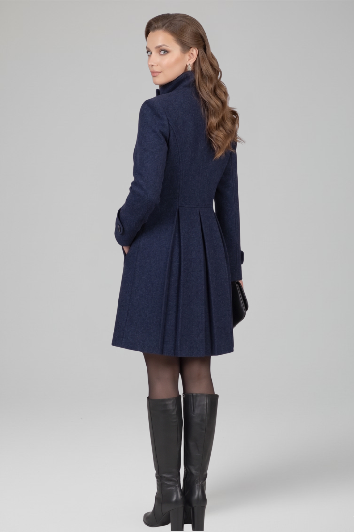 Knee-length A-line women's coat with a cozy hood & prominent double button front. Casual fall outerwear.