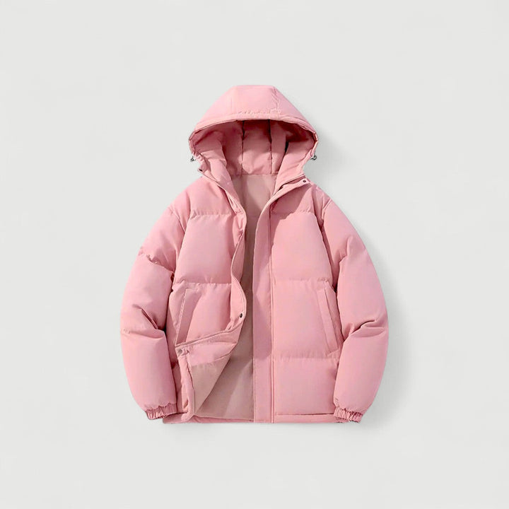 Women's hooded winter puffer jacket in black, front view, highlighting warmth and style.