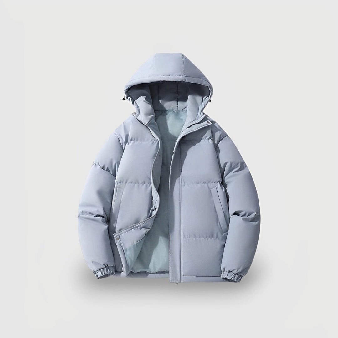 Rear view of a stylish women's warm puffer jacket with hood, perfect for winter outerwear.