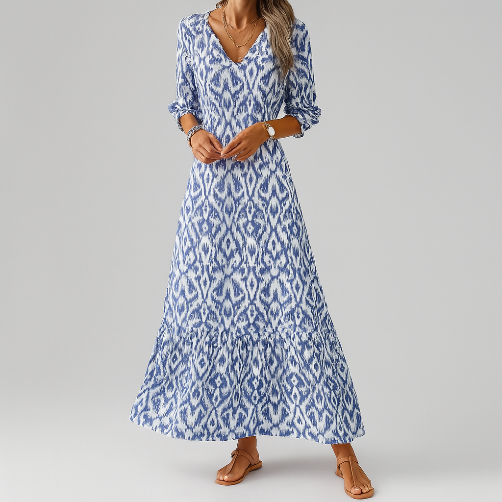 Women's Ikat print relaxed fit maxi dress with V-neck & 3/4 sleeves. Perfect bohemian casual summer fashion.