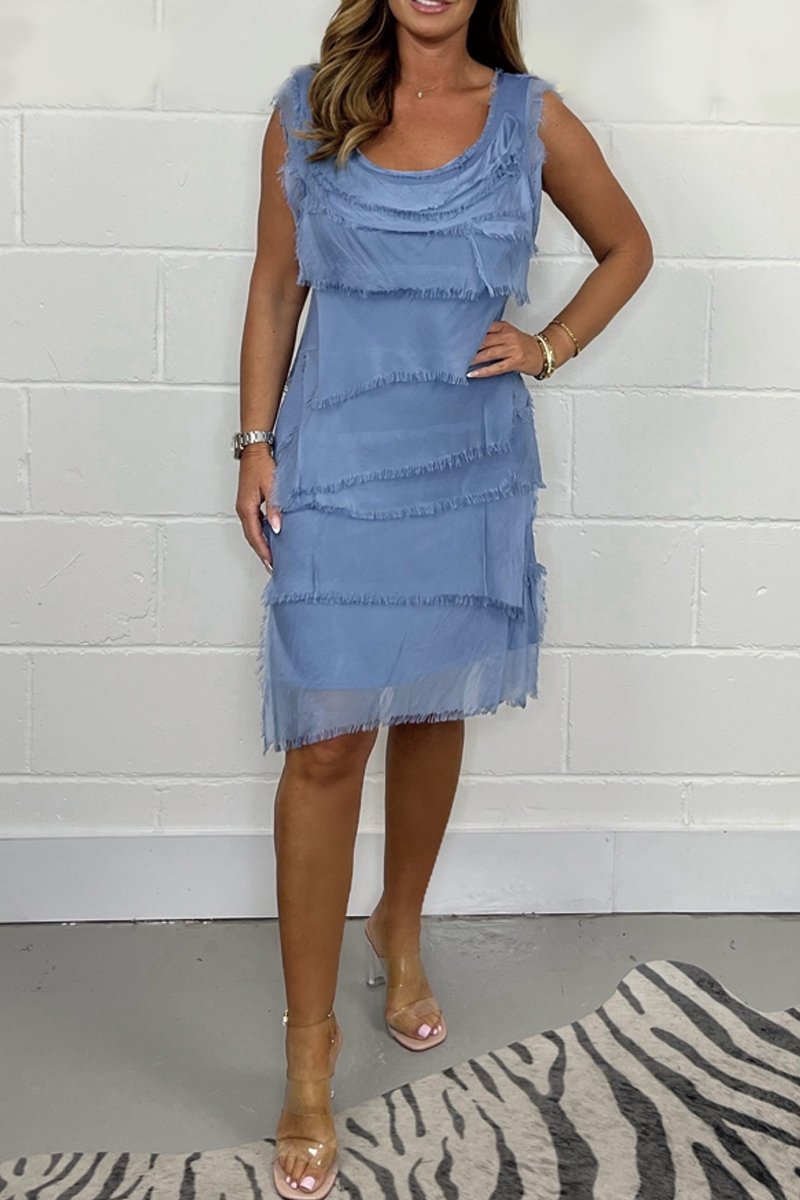 Elegant Ilaira sleeveless dress with chic style and unique frayed details for a modern look.
