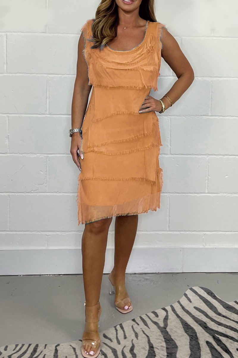 Fashionable Ilaira women's dress, a sleeveless design with chic flair and delicate frayed accents.