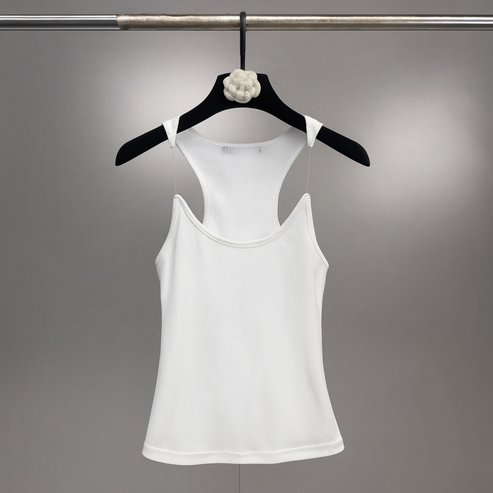 Women's casual slim fit ribbed tank top with invisible straps for versatile everyday wear.