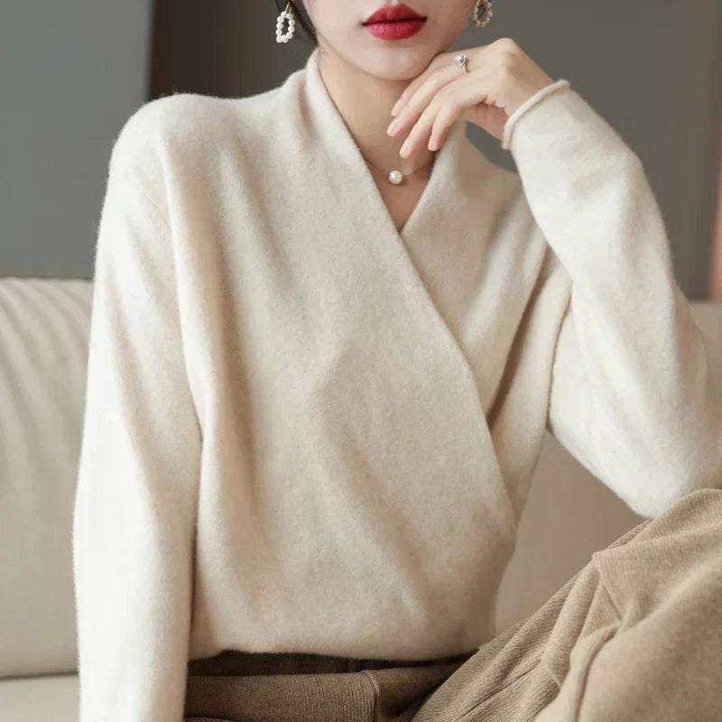 Versatile women's knit top with a flattering wrap neckline, ideal for spring fashion
