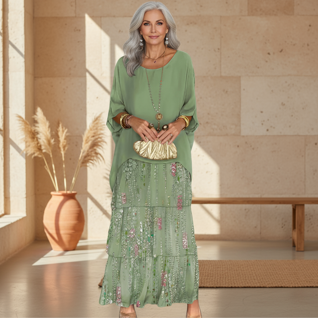 Women's layered boho elegance maxi dress, flowy & chic for summer fashion and vacation wear.
