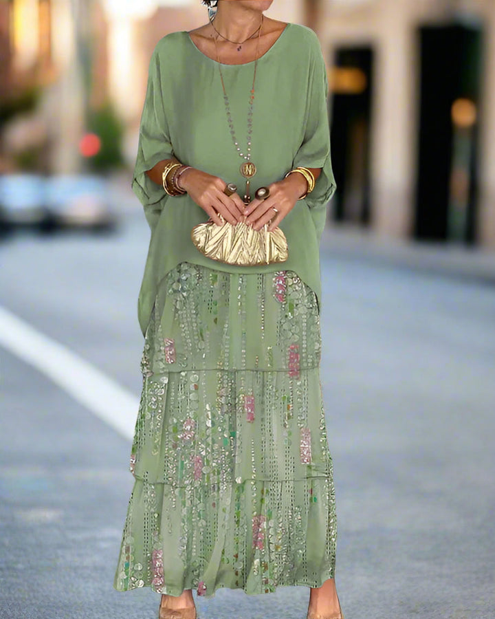 Comfortable women's long bohemian maxi dress with layered design, ideal for spring, summer, or vacation.