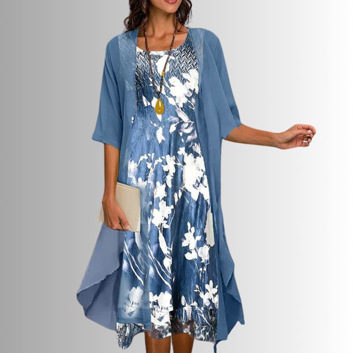 Flowy printed midi dress for women, with layered open front design, 3/4 sleeves, perfect for casual fashion.