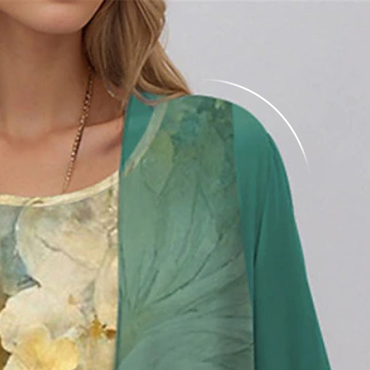 Layered open front midi dress for women, featuring a chic print, 3/4 sleeves, and a versatile round neck.