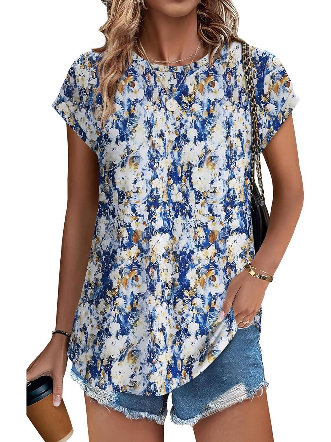 Everyday women's cap sleeve top, lightweight with a pretty botanical leaf print. Perfect for summer casual.