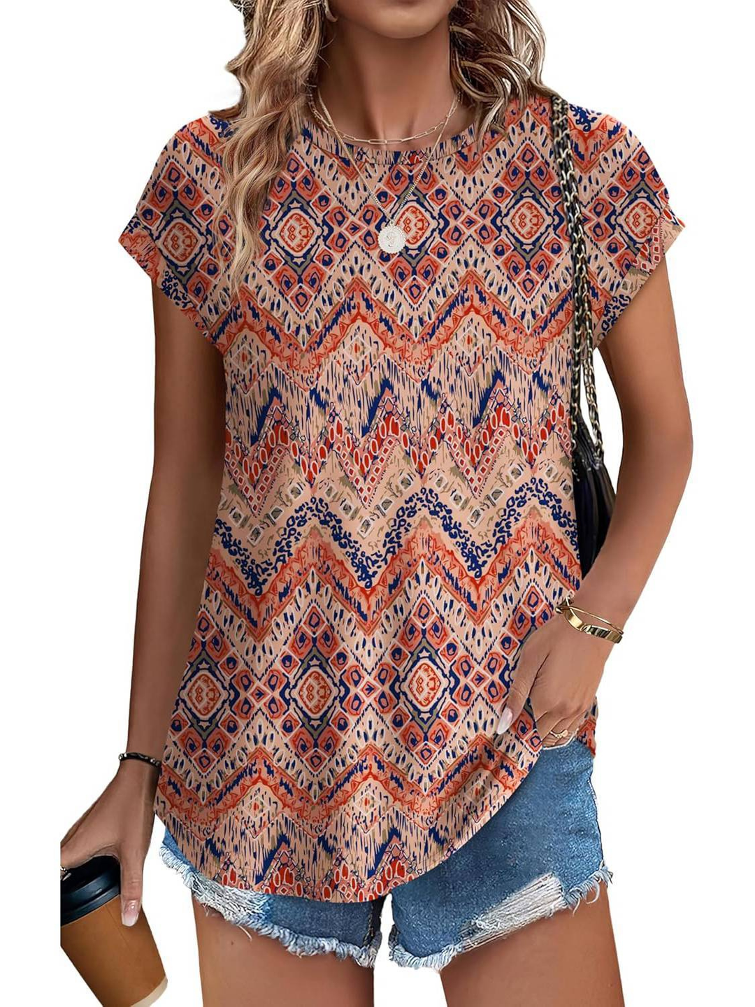 Chic botanical leaf print women's top with cap sleeves. Lightweight and perfect for summer outfits.