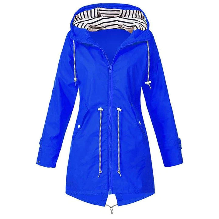 Close-up of a women's hooded raincoat fabric, highlighting its water-resistant quality