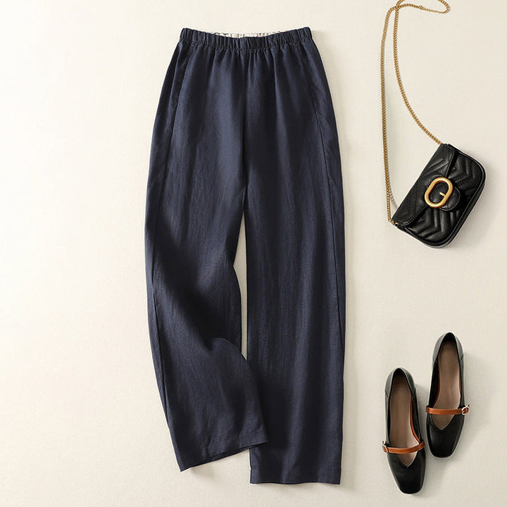 Women's lightweight linen blend straight-leg pants with elastic waist, perfect for casual summer wear