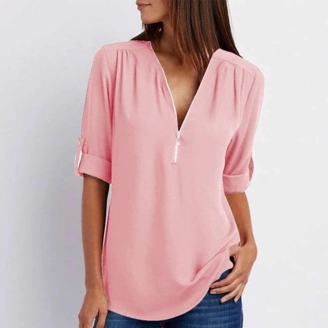 Women's lightweight V-neck blouse with zip-front & roll-sleeves. Perfect for casual or stylish everyday wear.