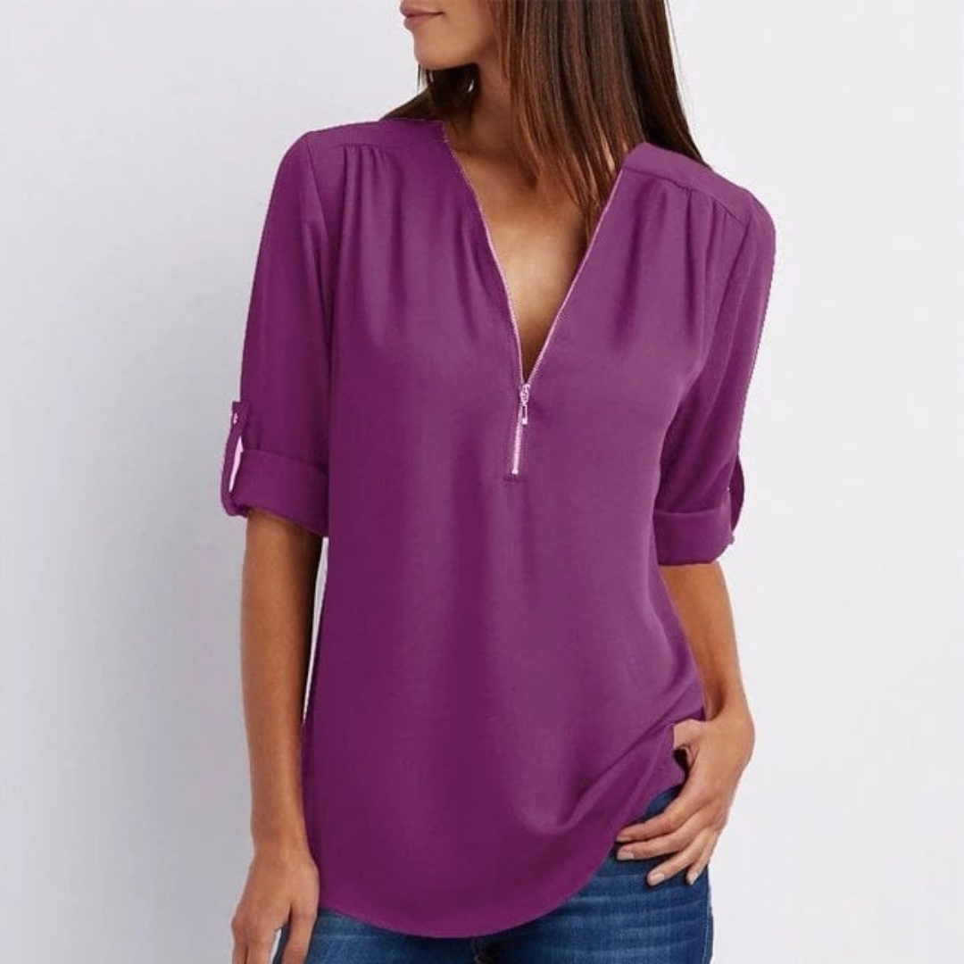 Lightweight V-neck women's blouse with roll-sleeves & zip detail. Perfect for chic spring & summer everyday wear.