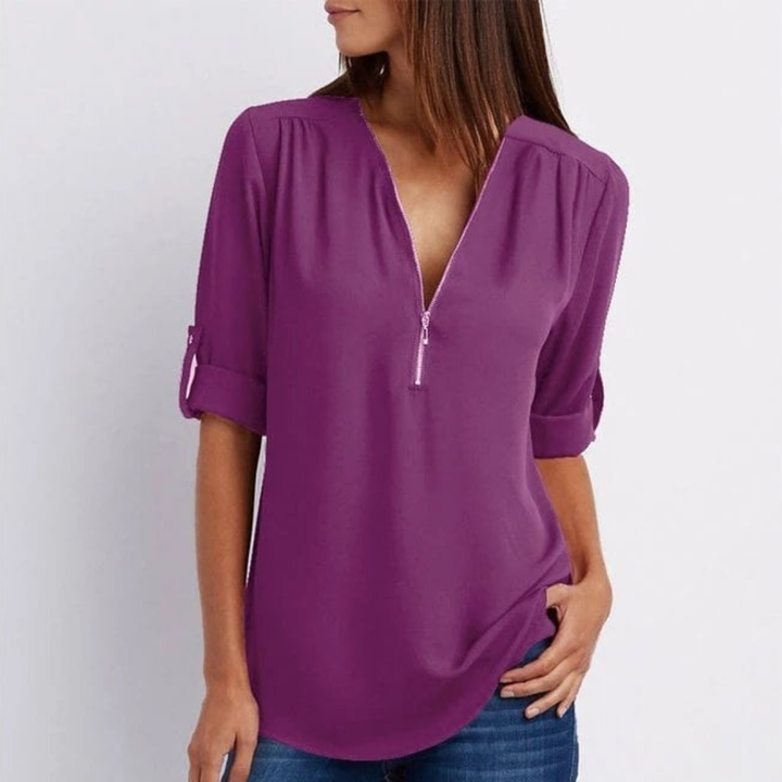 Lightweight V-neck women's blouse with roll-sleeves & zip detail. Perfect for chic spring & summer everyday wear.