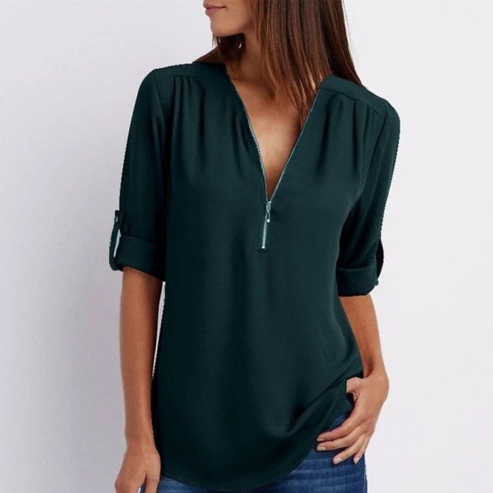 Comfortable women's stylish V-neck blouse, lightweight with roll-sleeves & zip front. Great for versatile fashion.