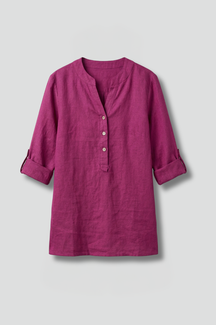 Women's linen button-front blouse with roll-up sleeves & V-neck. Loose fit casual top for everyday wear.
