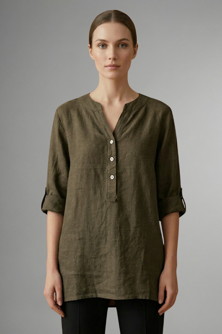 Elegant women's linen V-neck blouse, button-front & roll-up sleeves. Perfect for a polished casual look.
