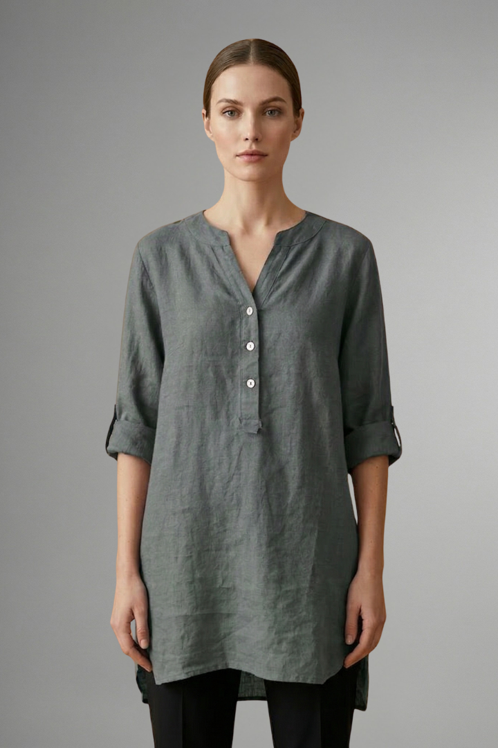 Women's spring linen blouse, button-front with roll-up sleeves. Loose fit V-neck for effortless style.