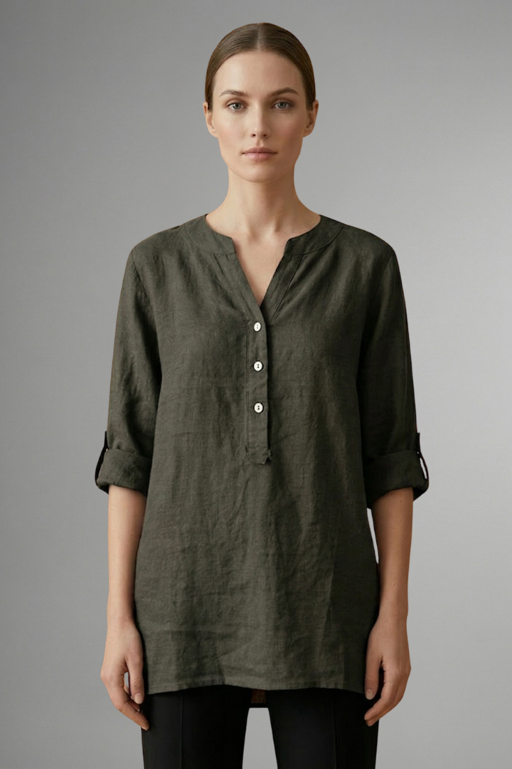 Everyday women's linen blouse, button-front, roll-up sleeves. Stylish V-neck casual top for versatile wear.