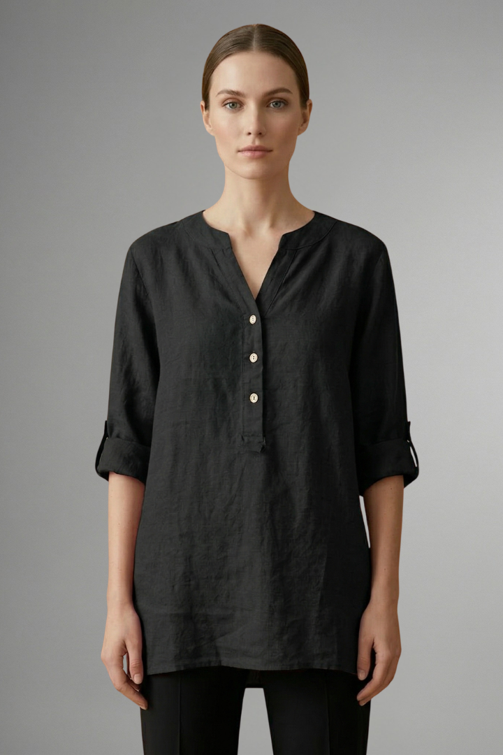 Chic women's linen blouse, button-front & roll-up sleeves. A flattering V-neck top for any casual occasion.