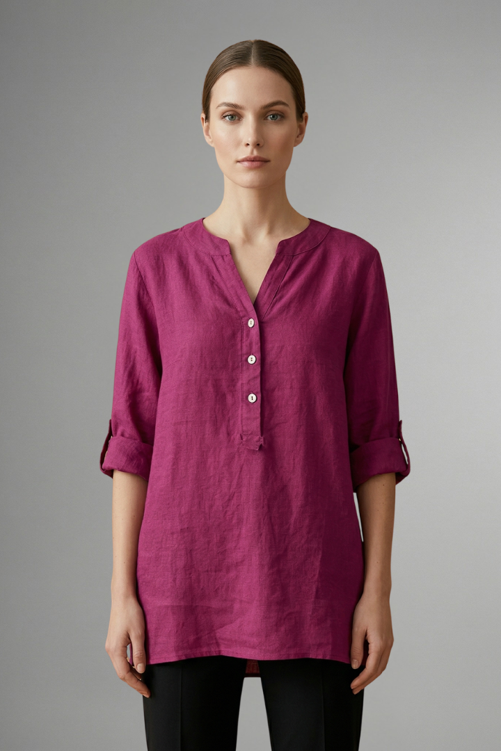 Stylish women's V-neck linen blouse, button-front & roll-up sleeves. Perfect for spring and summer fashion.