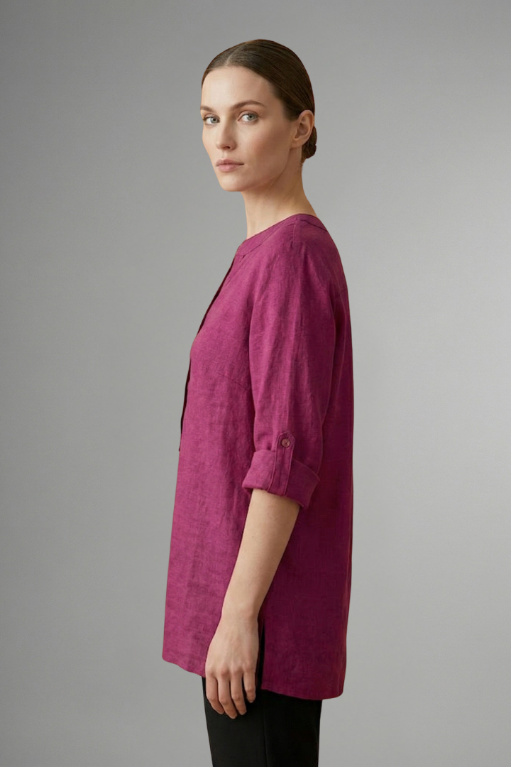 Women's summer linen blouse, button-front & roll-up sleeves. Lightweight V-neck top for warm weather.