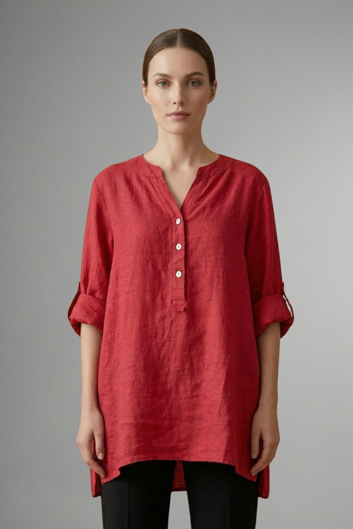 Women's workwear linen blouse, button-front, roll-up sleeves. V-neck loose fit for professional casual style.