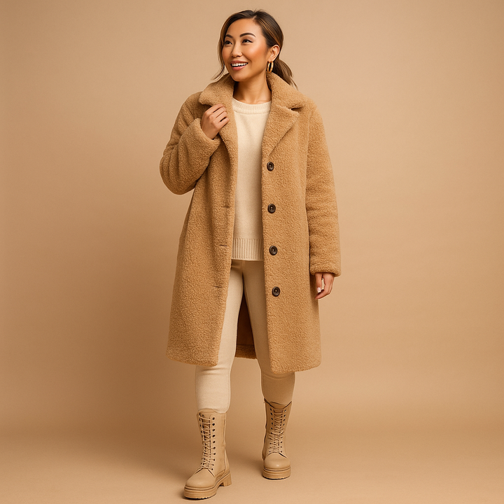 Khaki women's long teddy coat. Super cozy and warm winter outerwear. Soft, stylish ladies' jacket for cold weather.