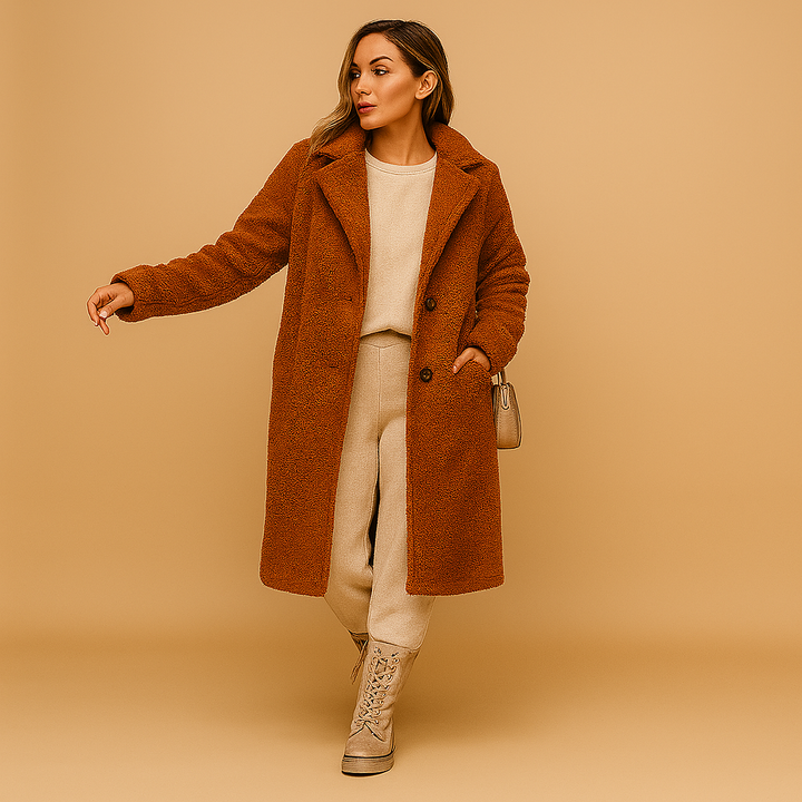 Coffee colored women's long teddy coat. Stylish and warm winter fashion for ladies. Cozy, soft jacket outerwear.
