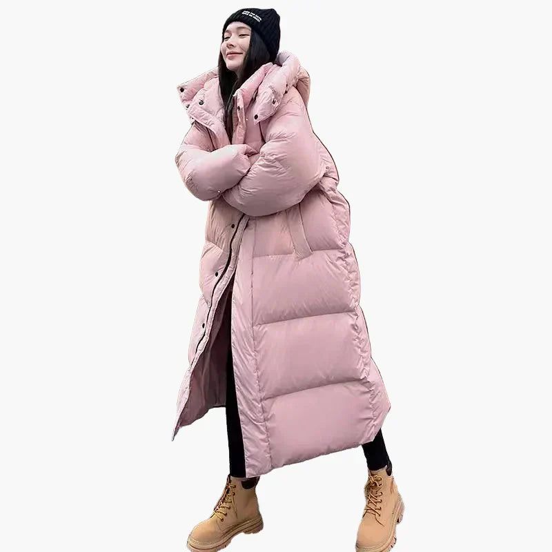 Women's long hooded quilted puffer coat in black, front view, for cold weather fashion