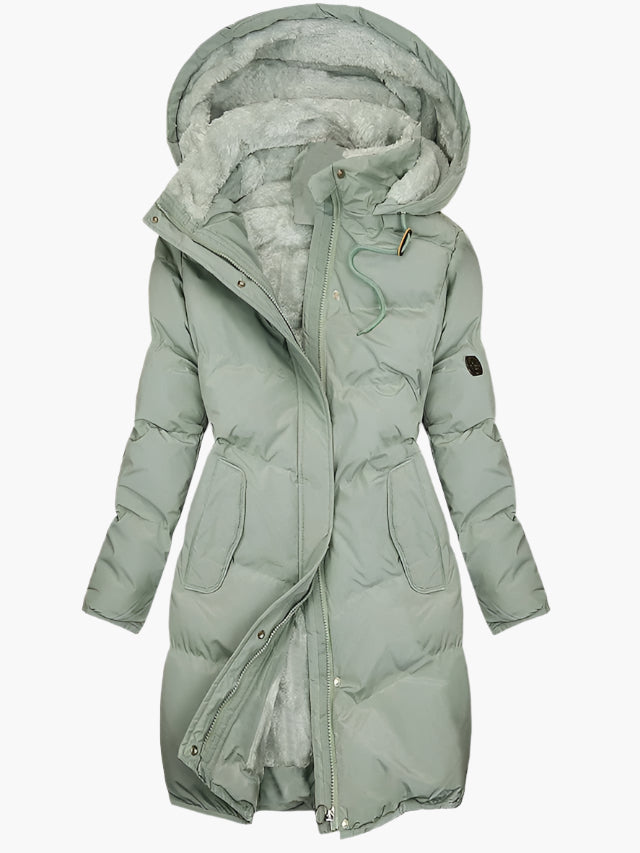 Women's long quilted hooded winter coat in black, full length, for cold weather fashion