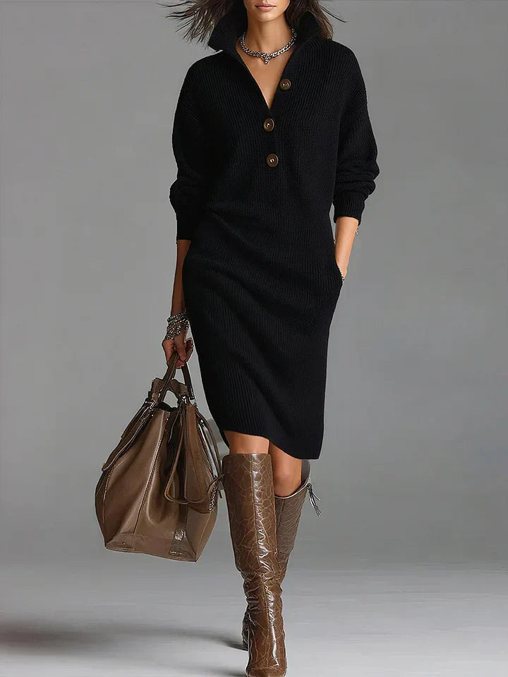 Women's long sleeve ribbed midi sweater dress, collared with button front, perfect for fall and winter fashion.