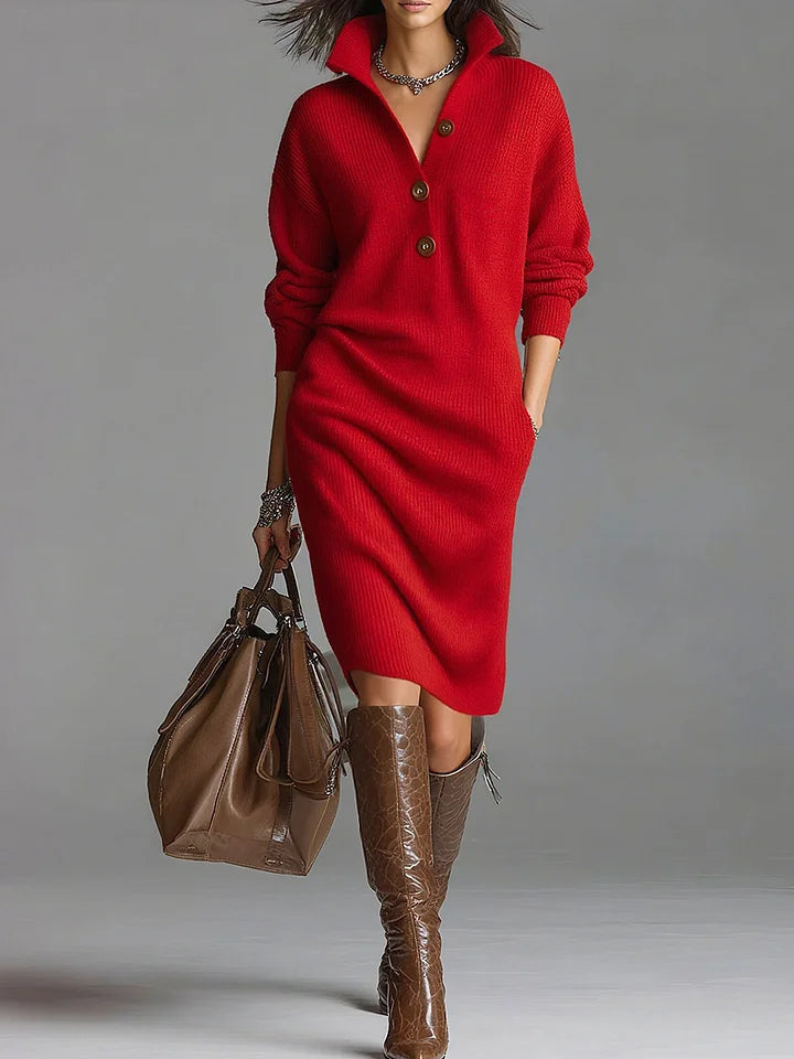 Elegant women's long sleeve ribbed midi sweater dress, ideal for fall & winter. Features a flattering mid-calf length.