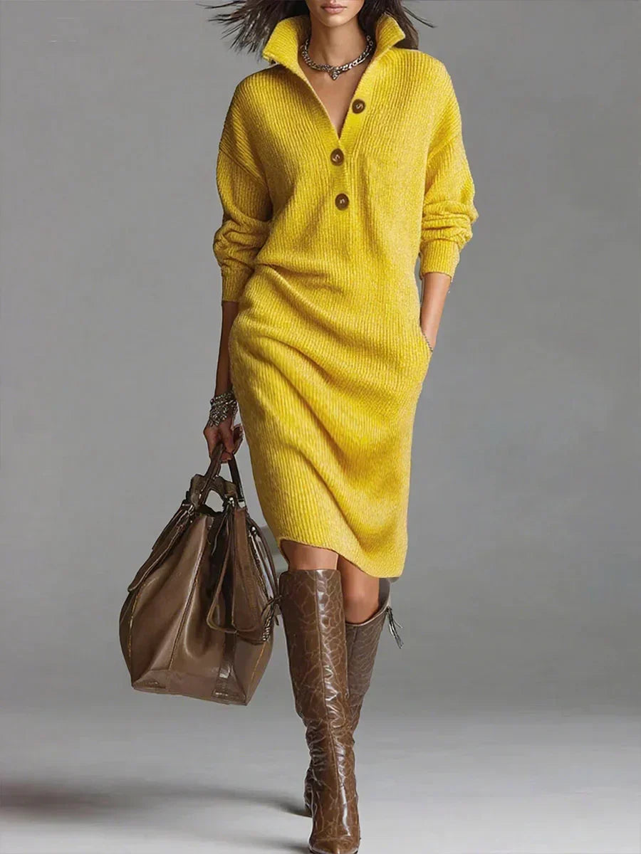 Stylish women's long sleeve ribbed midi sweater dress. A warm & chic collared button-front dress for fall/winter.