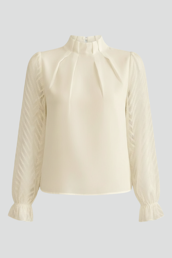 Women's long sleeve top with pleated neckline & textured sleeves, elegant & versatile style.