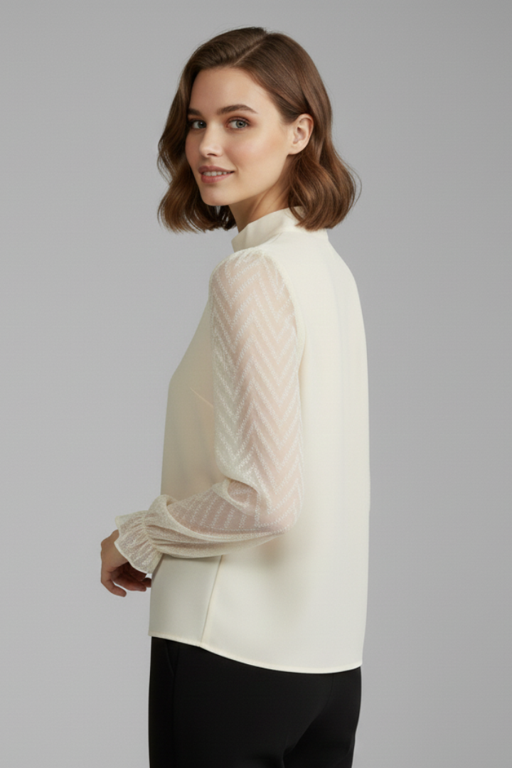 Women's long sleeve top showcasing a beautiful pleated neckline and subtle textured sleeves. Modern.