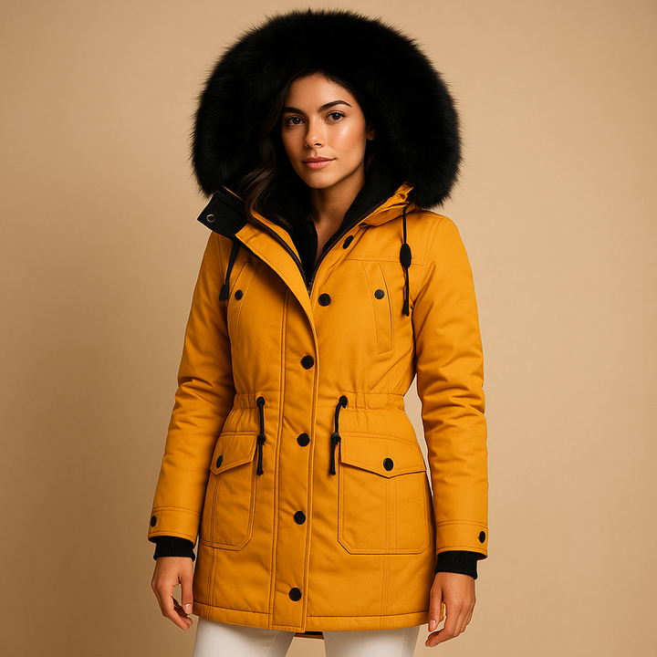 Women's long waterproof winter coat with a warm fur hood, perfect for cold weather and rain protection.