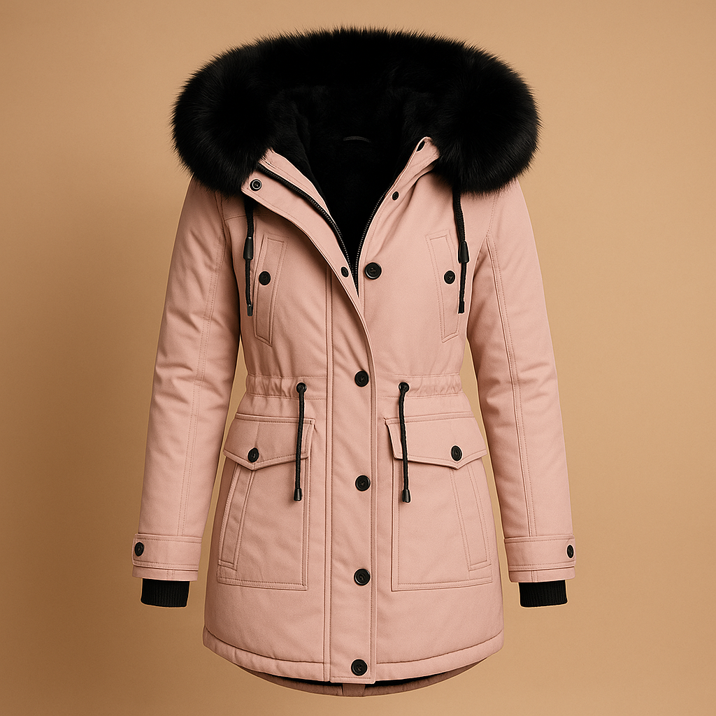 Elegant women's waterproof long winter jacket, insulated for warmth with a luxurious fur hood, ideal for cold.