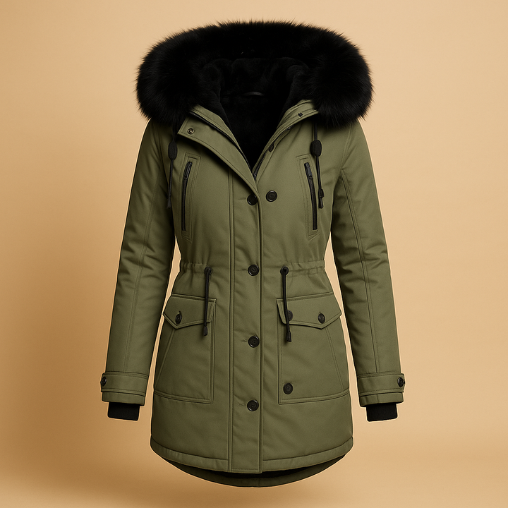 Warm, long women's winter coat, waterproof and insulated, featuring a stylish fur hood for freezing conditions.