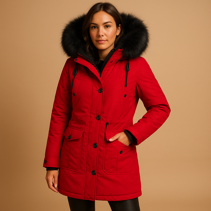 Durable women's long waterproof winter coat with a warm fur-lined hood, great everyday outerwear for cold days.