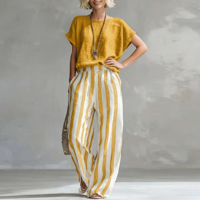 Women's loose cotton-linen striped two-piece summer set with relaxed fit and wide-leg pants.