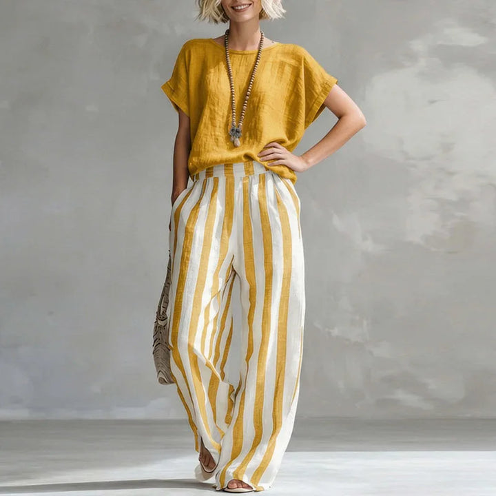 Women's loose cotton-linen striped two-piece summer set with relaxed fit and wide-leg pants.